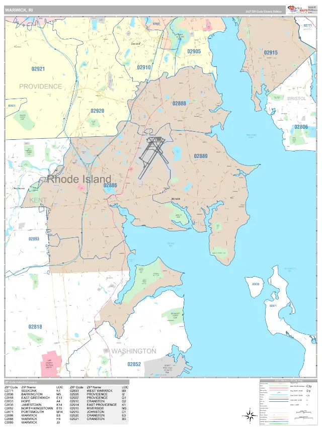 Warwick, RI ZIP Code Wall Map, Classic style