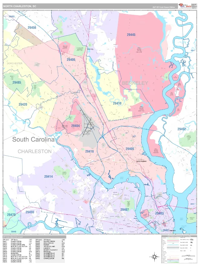 North Charleston, SC ZIP Code Wall Map, Classic style