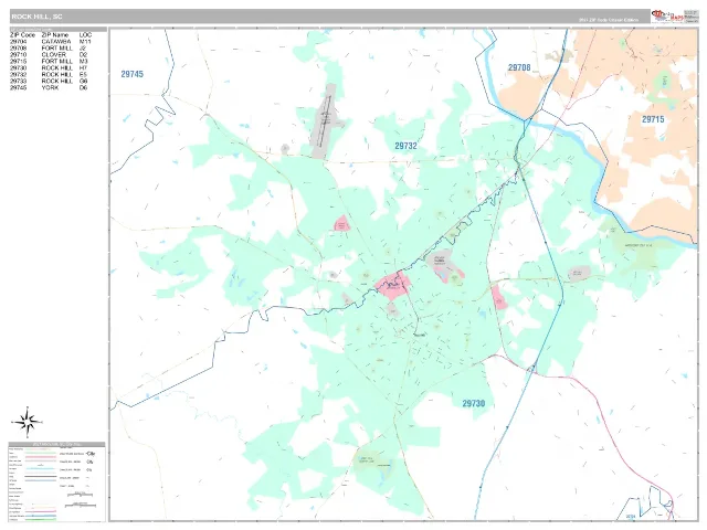Rock Hill, SC ZIP Code Wall Map, Classic style