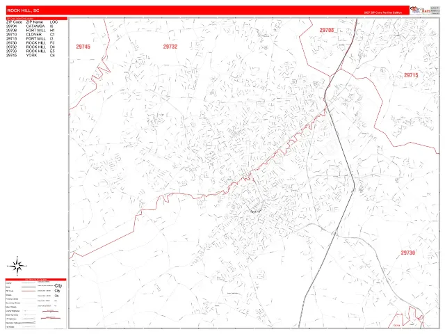 Rock Hill, SC ZIP Code Wall Map, RedLine style