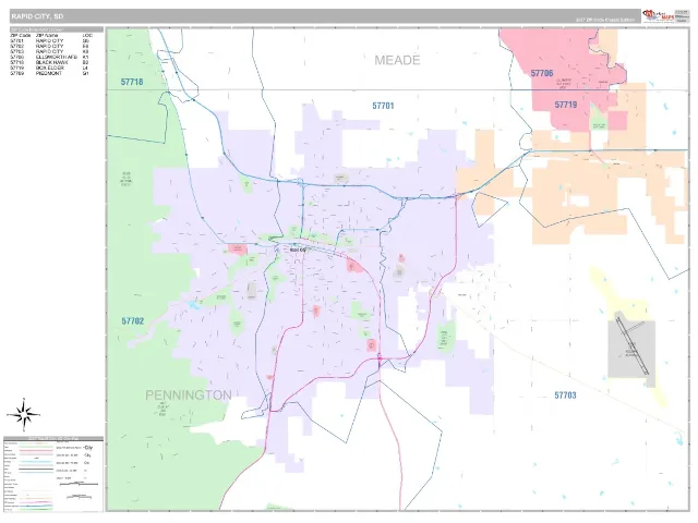 Rapid City, SD ZIP Code Wall Map, Classic style