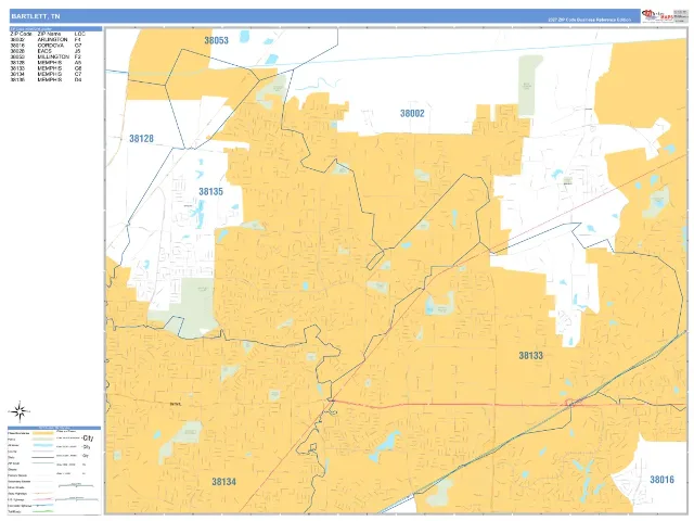 Bartlett, TN ZIP Code Wall Map, Business Reference style