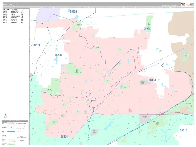 Bartlett, TN ZIP Code Wall Map, Classic style