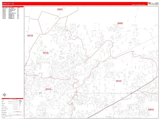 Bartlett, TN ZIP Code Wall Map, RedLine style