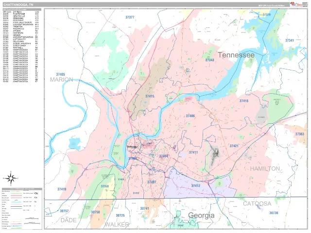 Chattanooga, TN ZIP Code Wall Map, Classic style