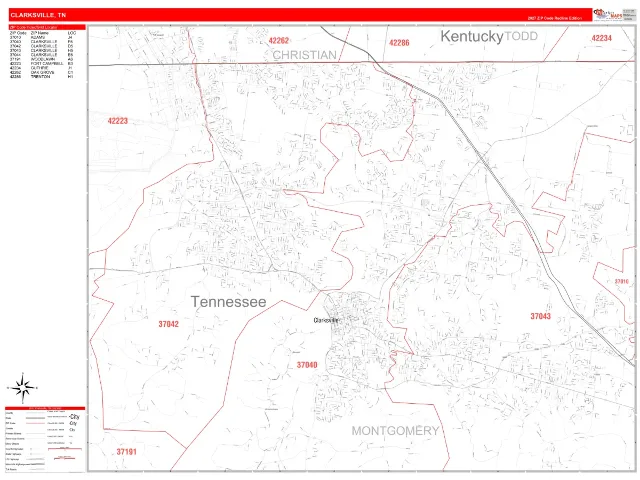 Clarksville, TN ZIP Code Wall Map, RedLine style