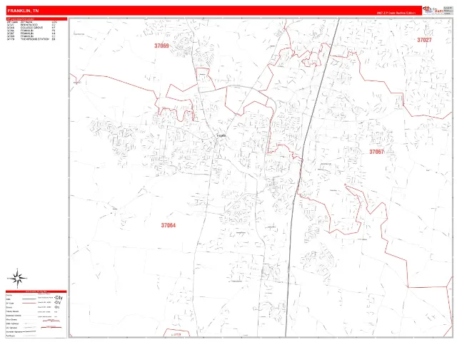 Franklin, TN ZIP Code Wall Map, RedLine style