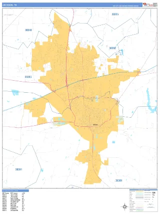 Jackson, TN Business Reference style ZIP Code wall map