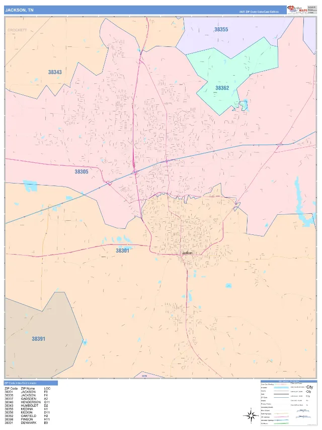 Jackson, TN ZIP Code Wall Map, ColorCast style