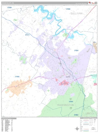 Johnson City, TN Classic style ZIP Code wall map