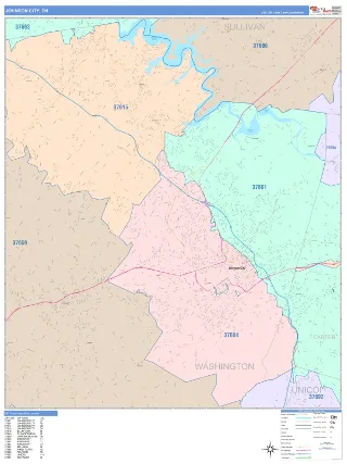 Johnson City, TN ColorCast style ZIP Code wall map