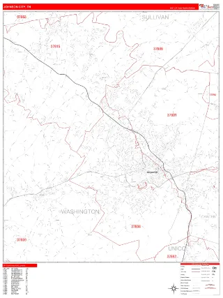 Johnson City, TN RedLine style ZIP Code wall map
