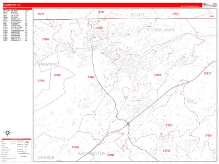 Kingsport, TN RedLine style ZIP Code wall map