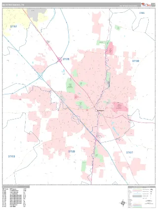 Murfreesboro, TN Classic style ZIP Code wall map