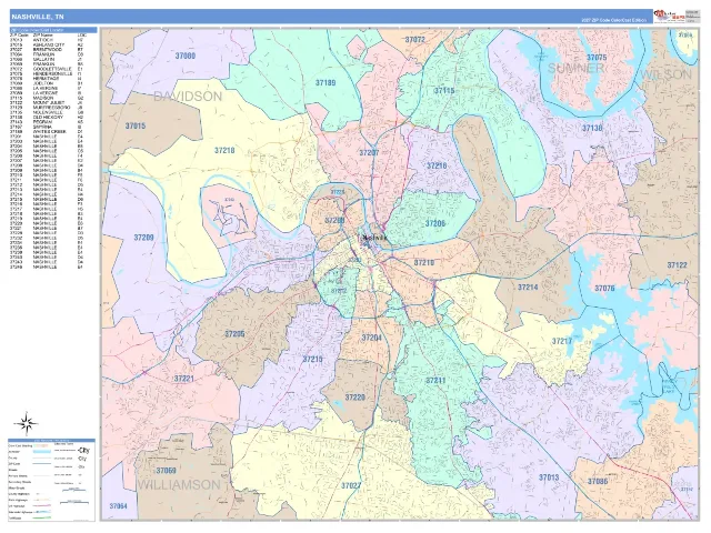 Nashville, TN ZIP Code Wall Map, ColorCast style