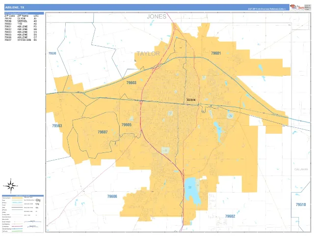 Abilene, TX ZIP Code Wall Map, Business Reference style