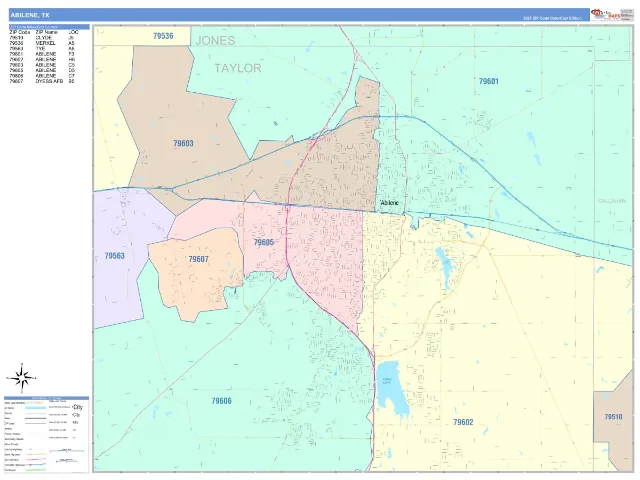 Abilene, TX ZIP Code Wall Map, ColorCast style