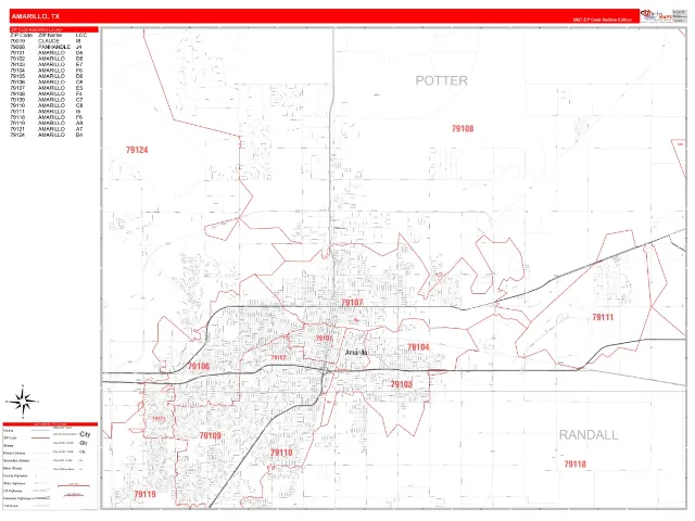 Amarillo, TX ZIP Code Wall Map, RedLine style