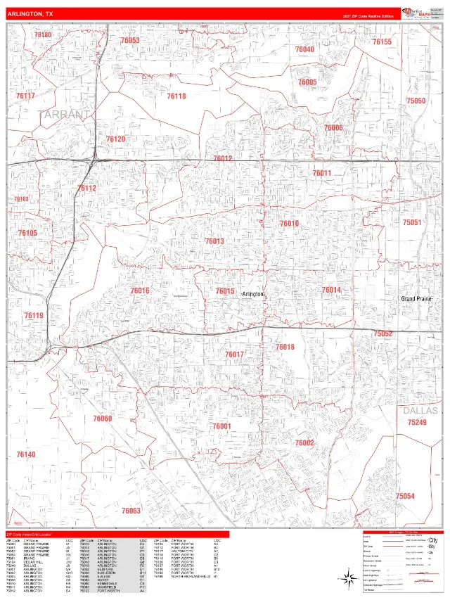 Arlington, TX ZIP Code Wall Map, RedLine style