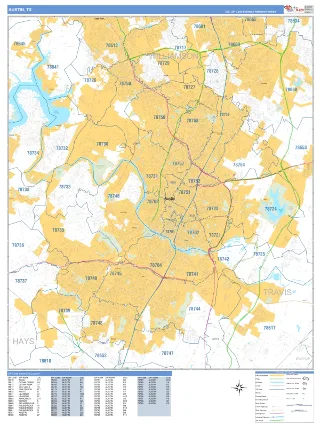 Austin, TX Business Reference style ZIP Code wall map