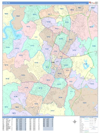 Austin, TX ColorCast style ZIP Code wall map