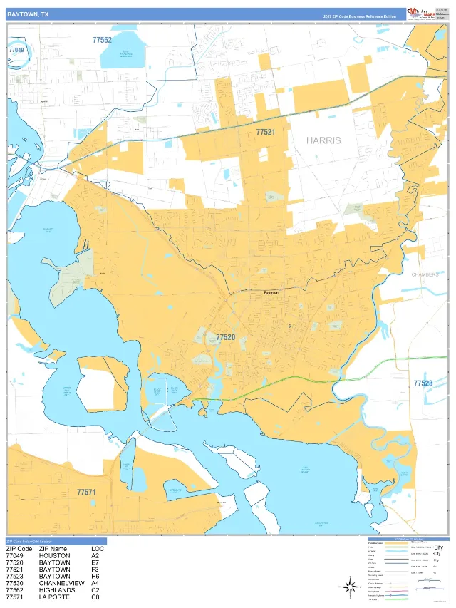 Baytown, TX ZIP Code Wall Map, Business Reference style