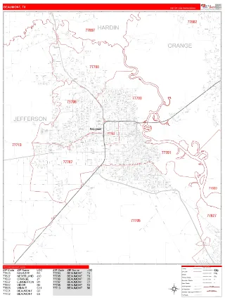 Beaumont, TX RedLine style ZIP Code wall map