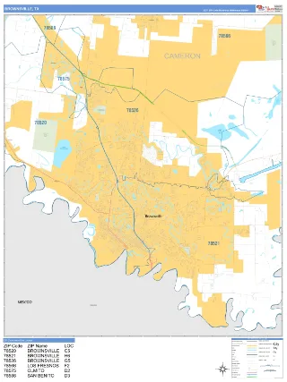 Brownsville, TX Business Reference style ZIP Code wall map