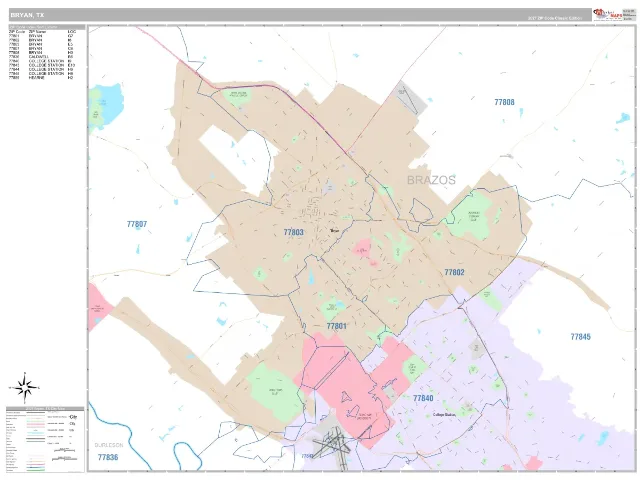 Bryan, TX ZIP Code Wall Map, Classic style