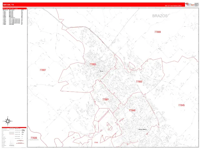 Bryan, TX ZIP Code Wall Map, RedLine style