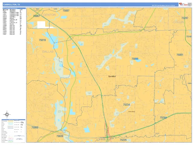 Carrollton, TX ZIP Code Wall Map, Business Reference style