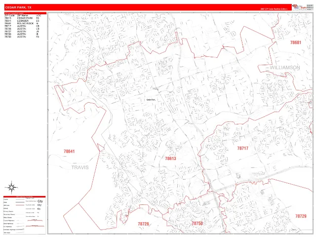 Cedar Park, TX ZIP Code Wall Map, RedLine style