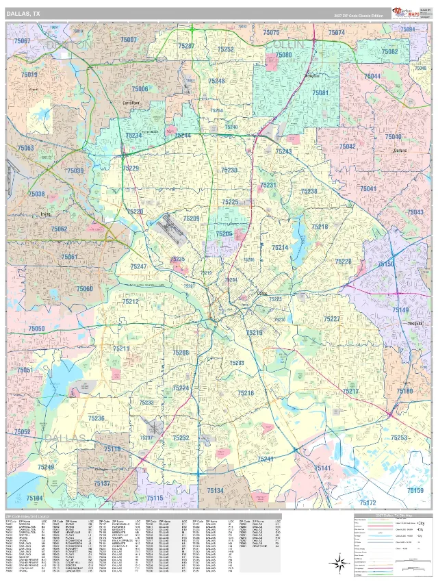 Dallas, TX ZIP Code Wall Map, Classic style
