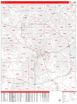 Dallas, TX RedLine style ZIP Code wall map