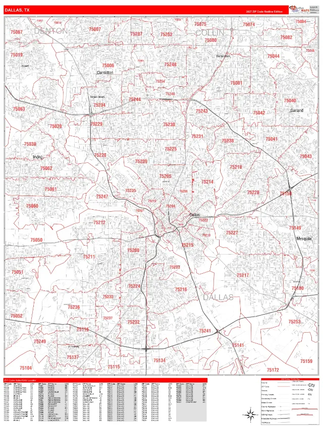 Dallas, TX ZIP Code Wall Map, RedLine style
