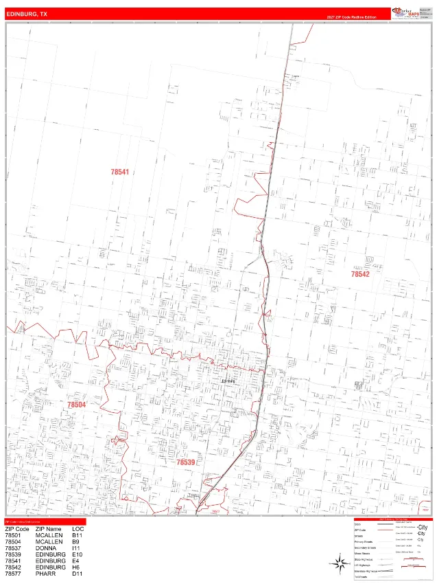 Edinburg, TX ZIP Code Wall Map, RedLine style
