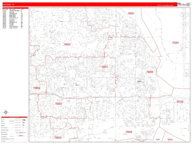 Euless, TX ZIP Code Wall Map, RedLine style