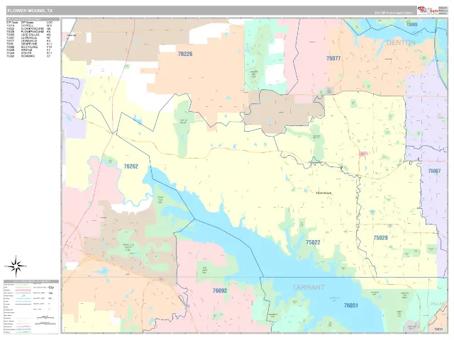 Flower Mound, TX ZIP Code Wall Map, Classic style