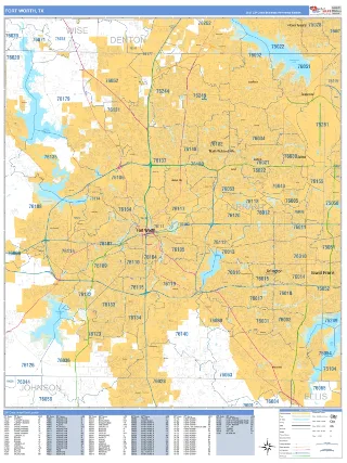 Fort Worth, TX Business Reference style ZIP Code wall map