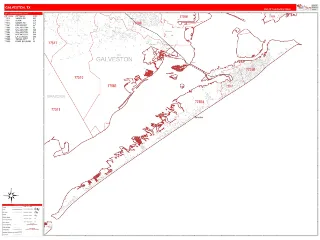 Galveston, TX RedLine style ZIP Code wall map