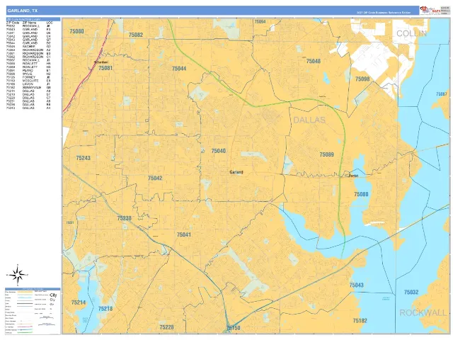 Garland, TX ZIP Code Wall Map, Business Reference style