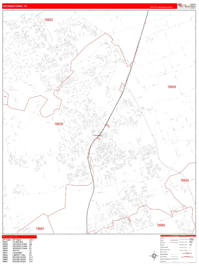 Georgetown, TX ZIP Code Wall Map, RedLine style