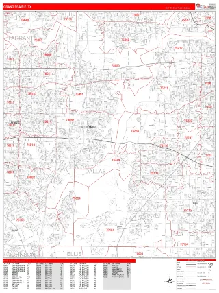 Grand Prairie, TX RedLine style ZIP Code wall map