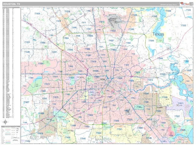 Houston, TX ZIP Code Wall Map, Classic style