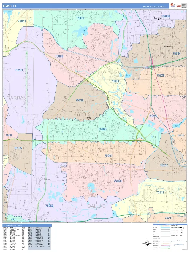 Irving, TX ZIP Code Wall Map, ColorCast style