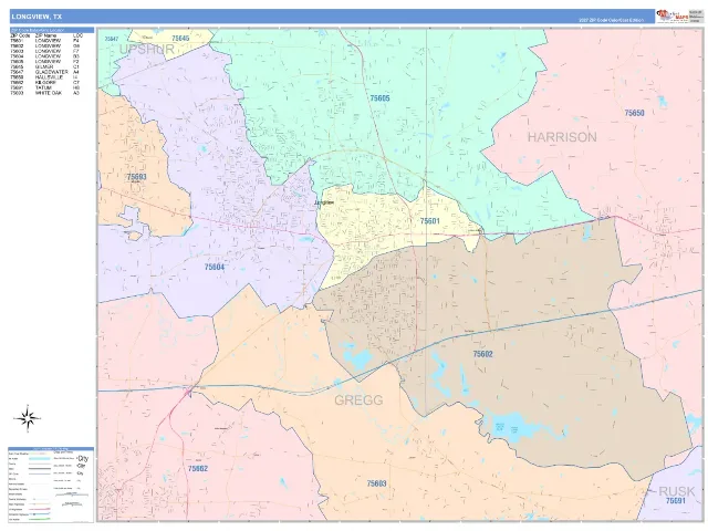 Longview, TX ZIP Code Wall Map, ColorCast style
