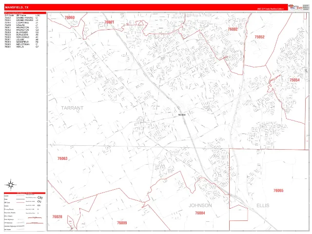 Mansfield, TX ZIP Code Wall Map, RedLine style