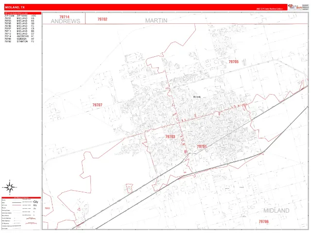 Midland, TX ZIP Code Wall Map, RedLine style