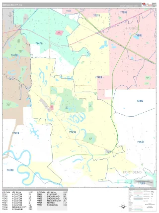Missouri City, TX Classic style ZIP Code wall map