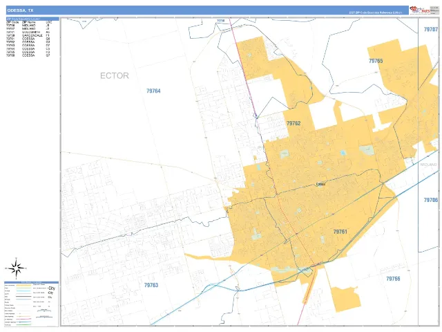 Odessa, TX ZIP Code Wall Map, Business Reference style